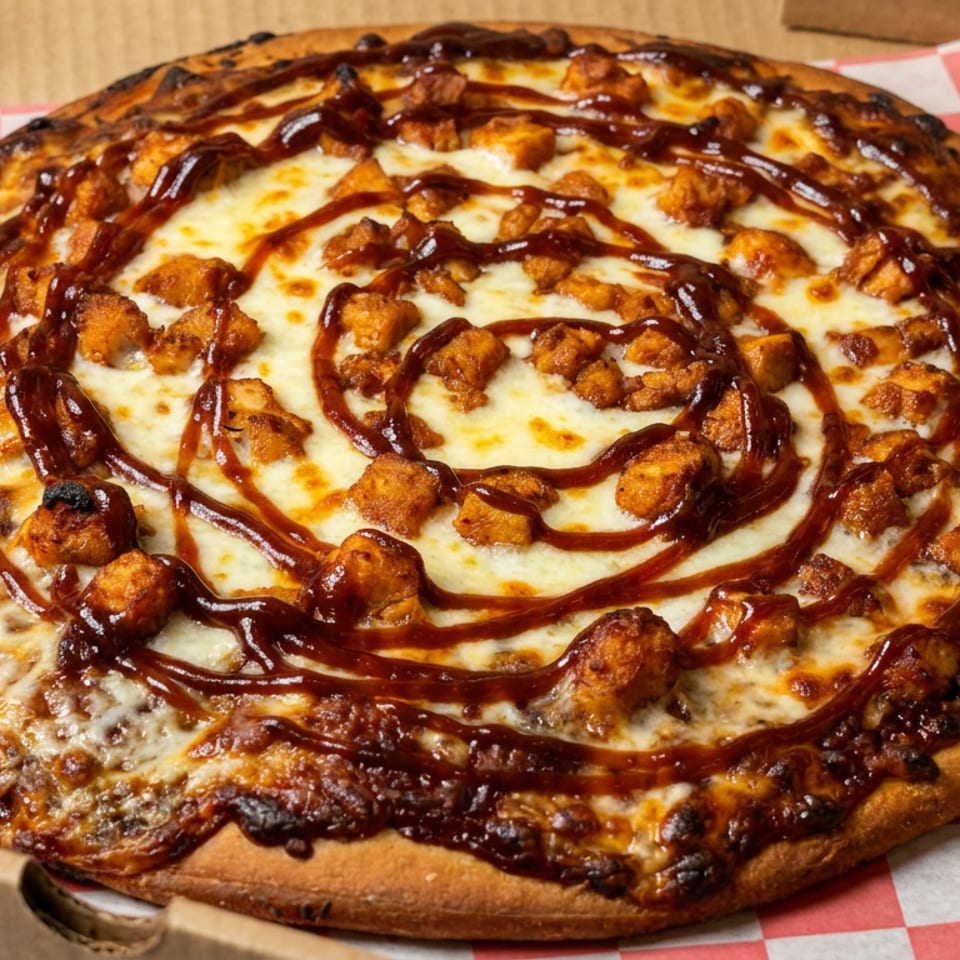 Cheesy pizza topped with seasoned chicken pieces and barbecue sauce spirals in an open cardboard box lined with red-and-white checkered paper.