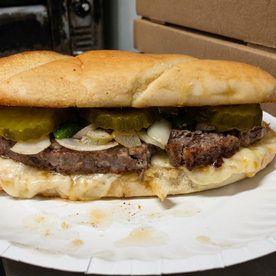 Large cheeseburger with pickles, grilled onions, and two beef patties on a white paper plate beside stacked cardboard boxes.