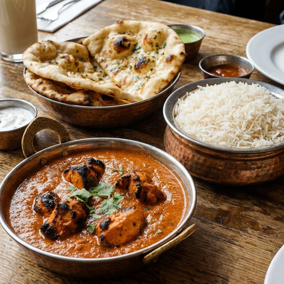 Indian meal on a wooden table with butter chicken, basmati rice, naan, chutneys, sauces, and yogurt.