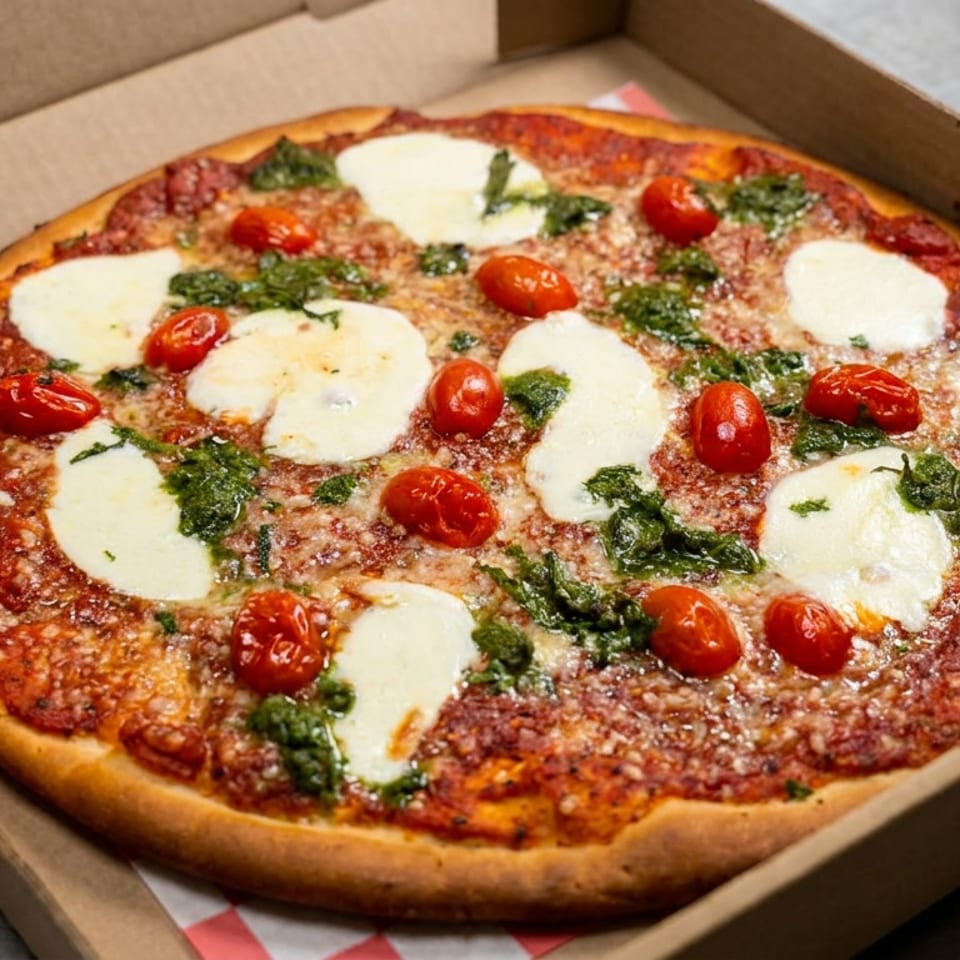 Margherita pizza with mozzarella, cherry tomatoes, basil, and tomato sauce in an open cardboard delivery box.