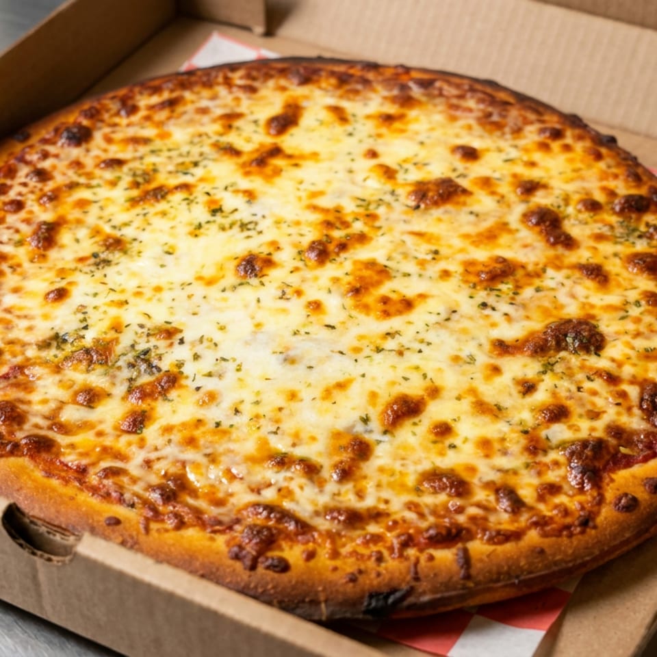 Large cheese pizza with browned mozzarella and herbs in an open cardboard delivery box.